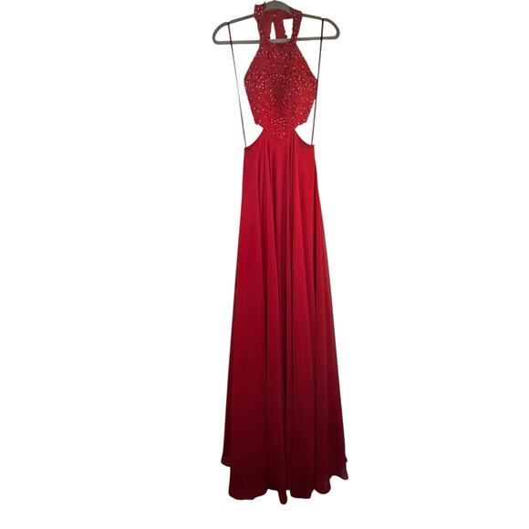 Betsy & Adam Red Rhinestone Halter Evening Gown Formal Dress - Size 4 - Picture 10 of 16